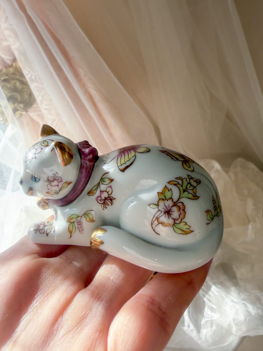 USA Vintage✧ かわいい薩摩猫 ちゃんズ SET 日本骨董 金彩の花と蝶と